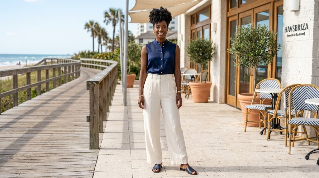 Navy Silk Sleeveless Blouse & Cream Linen Pants